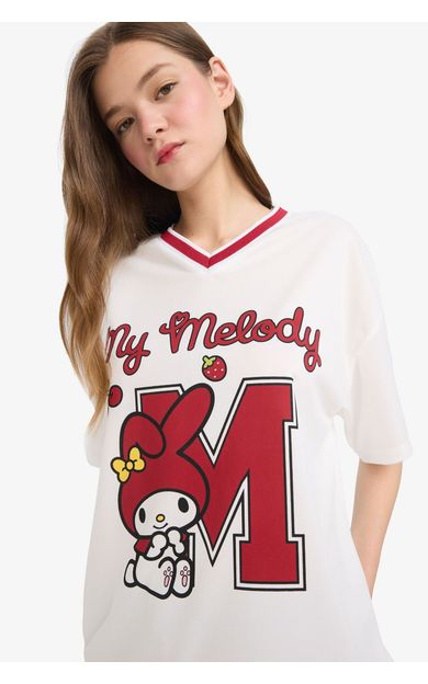 DeFacto Coool Hello Kitty Oversize Geniş Kalıp V Yaka Baskılı Kısa Kollu Tişört F5163AX25SMWT32