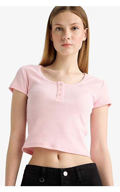 Coool Fitted Yuvarlak Yaka Crop Fitilli Kaşkorse Kısa Kollu Tişört