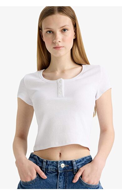 Coool Fitted Yuvarlak Yaka Fitilli Kaşkorse Kısa Kollu Beyaz Tişört