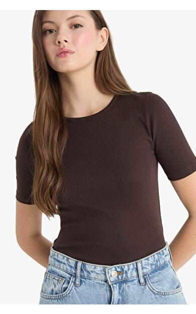 DeFacto Fitted Bisiklet Yaka Basic Düz Ribana Kısa Kollu Tişört