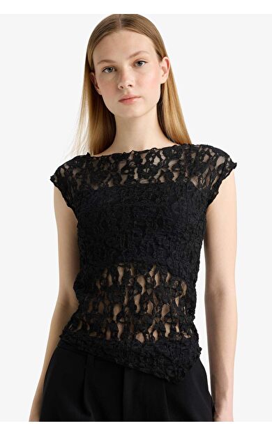 Coool Fitted Yuvarlak Yaka Dantel Kısa Kollu Bluz F5197AX25HSBK81