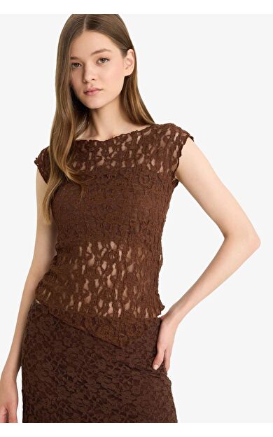 Coool Fitted Yuvarlak Yaka Dantel Kısa Kollu Bluz F5197AX25HSBN1