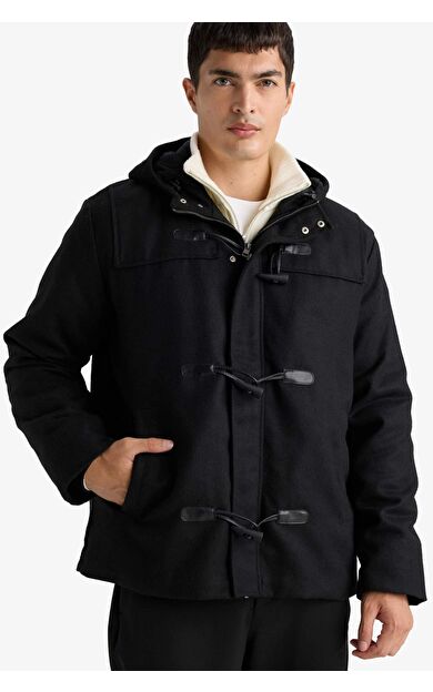 Regular Fit Kapüşonlu Çoban Düğmeli İç Cepli Kaşe Mont