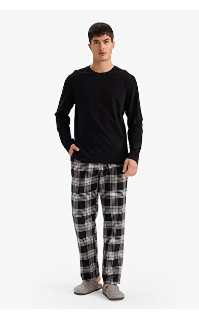 DeFacto Pijama Takımı Regular Fit Uzun Kollu Üst Flanel Kareli Uzun Alt