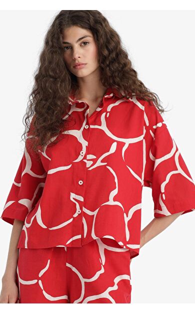 DeFacto Oversize Geniş Kalıp Desenli Yarım Kollu Gömlek