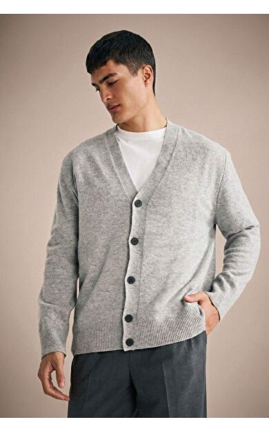 %100 Yün Relax Fit V Yaka Düğmeli Hırka