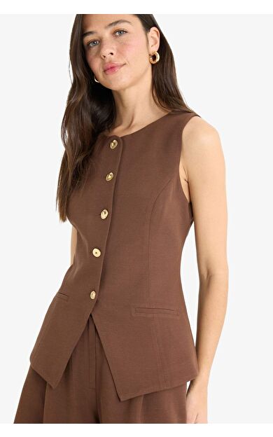 Fitted Bisiklet Yaka Keten Karışımlı Blazer Yelek