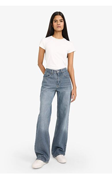 Straight Wide Yüksek Bel Uzun Jean Yıkamalı Pantolon