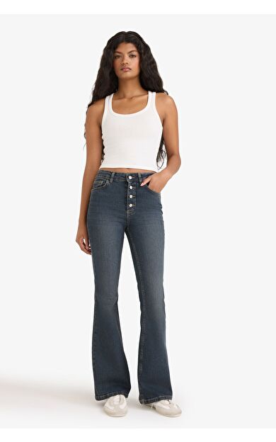 DeFacto Mia Flare Fit Normal Bel Uzun Jean Yıkamalı Pantolon