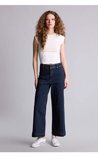 Culotte Yüksek Bel Uzun Jean Yıkamalı Pantolon