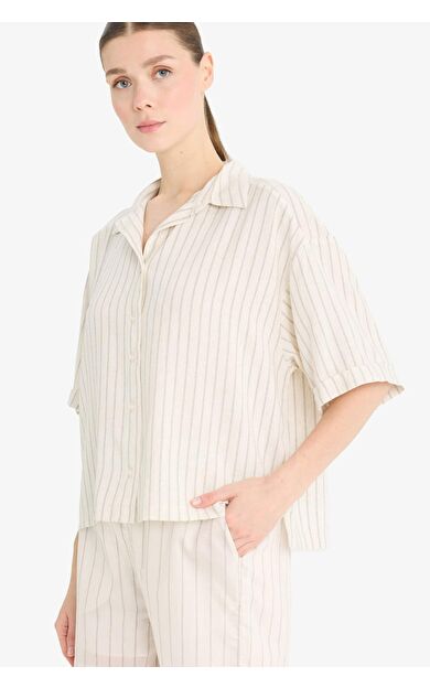 DeFacto Loose Fit Gömlek Yaka Çizgili Keten Karışımlı Kısa Kollu Gömlek