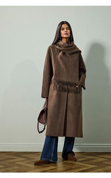 Yün Karışımlı Çıkarılabilir Atkılı Relax Fit Uzun Kaşe Kaban