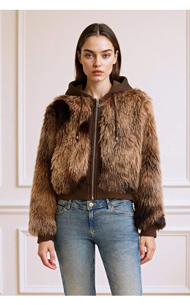 Regular Fit Kapüşonlu Fermuarlı Suni Kürk Mont