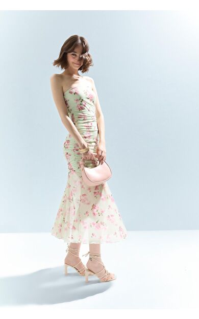 DeFacto Coool Bodycon Vücudu Saran Straplez Çiçek Desenli Tül Maxi Elbise