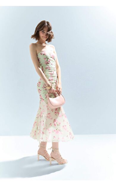DeFacto Coool Bodycon Vücudu Saran Straplez Çiçek Desenli Tül Maxi Elbise