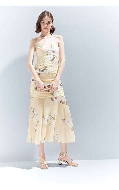 Coool Bodycon Vücudu Saran Straplez Floral Tül Kolsuz Maxi Elbise