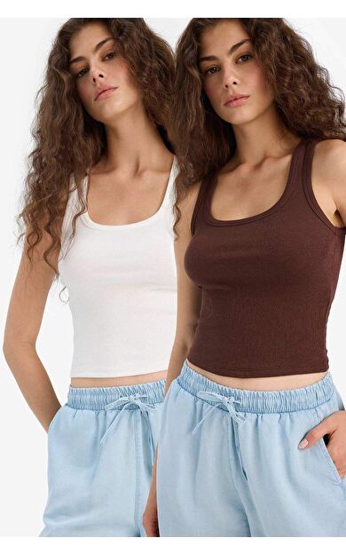 DeFacto Regular Fit Kare Yaka Fitilli Kaşkorse 2'li Atlet F5589AX25SMBN45