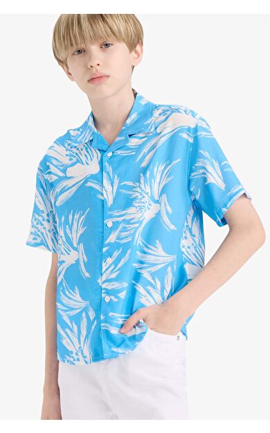 DeFacto Erkek Çocuk Oversize Geniş Kalıp Polo Yaka Floral Viskon Kısa Kollu Gömlek F5675A825HSBE339