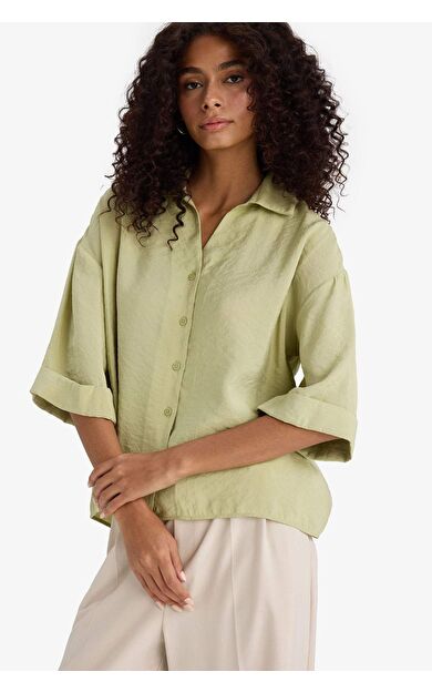 DeFacto Oversize Geniş Kalıp Gömlek Yaka Modal Uzun Kollu Gömlek F5676AX25SMGN740