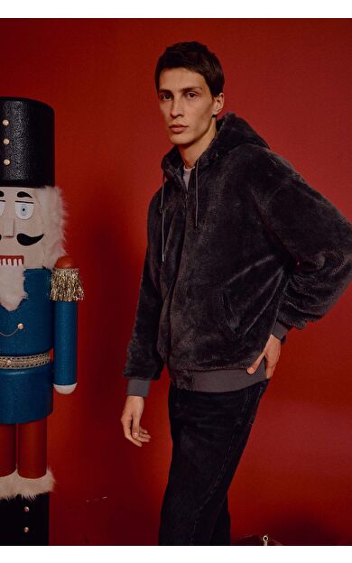 Su İtici Oversize Fit Geniş Kalıp Kapüşonlu Fermuarlı Cepli Triko Detaylı Mont