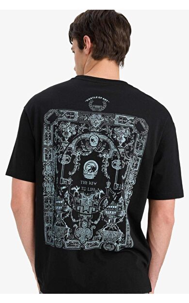 DeFacto %100 Pamuk Boxy Fit Bisiklet Yaka Baskılı Kısa Kollu Tişört F5765AX25SMBK81