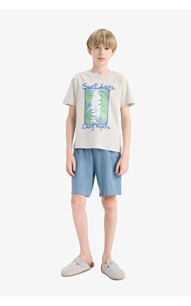 DeFacto Erkek Çocuk Pijama Takımı Baskılı Kısa Kollu Pijama Üstü Esnek Belli Şort Pijama Altı
