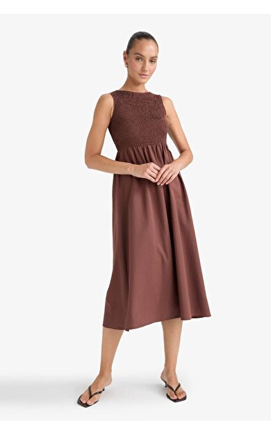 Bisiklet Yaka Terry Cotton Kolsuz Midi Elbise