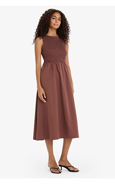 Bisiklet Yaka Terry Cotton Kolsuz Midi Elbise