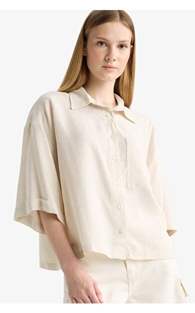 DeFacto Coool Oversize Geniş Kalıp Gömlek Yaka Keten Karışımlı Kısa Kollu Gömlek F5848AX25SMBG286