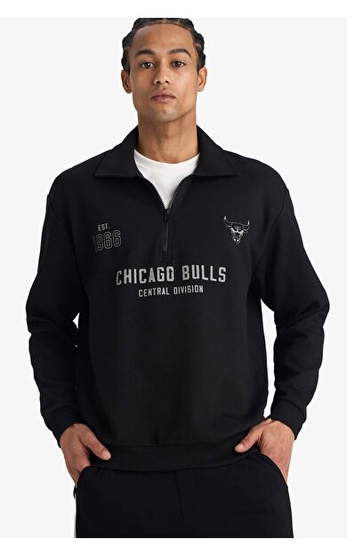 DeFactoFit NBA Chicago Bulls Relax Fit Polo Yaka Jakarlı Sweatshirt