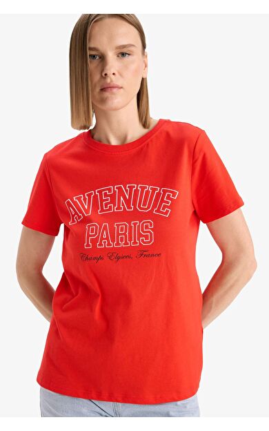 DeFacto Regular Fit Bisiklet Yaka Slogan Baskılı Penye Kısa Kollu Tişört F5882AX25SMRD117