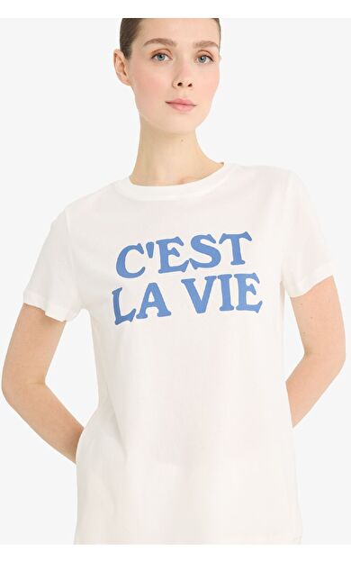 DeFacto Regular Fit Bisiklet Yaka Slogan Baskılı Penye Kısa Kollu Tişört F5888AX25SMER105