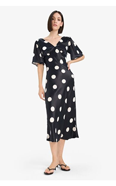 DeFacto V Yaka Baskılı Saten Kısa Kollu Midi Elbise