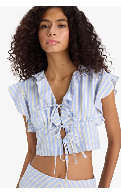 DeFacto Slim Fit Dar Kesim V Yaka Çizgili Önden Bağlamalı Poplin Kolsuz Bluz