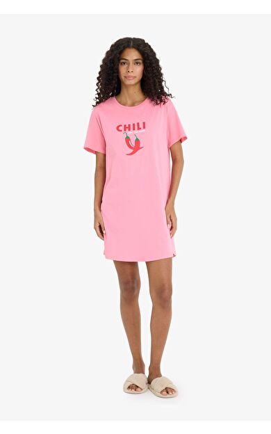 Regular Fit Bisiklet Yaka Baskılı Kısa Kollu Gecelik -Fall in Love