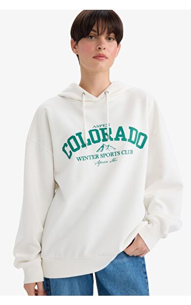DeFacto Oversize Geniş Kalıp Kapüşonlu Baskılı Kalın Sweatshirt Kumaşı Sweatshirt