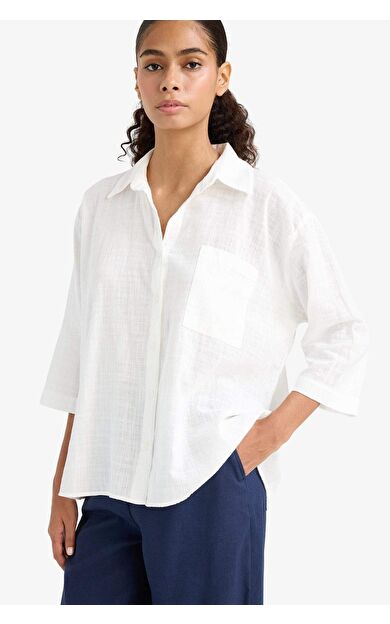 DeFacto Oversize Geniş Kalıp Gömlek Yaka Pamuklu Kısa Kollu Gömlek F6111AX25SMER105