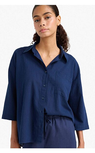 DeFacto Oversize Geniş Kalıp Gömlek Yaka Pamuklu Kısa Kollu Gömlek F6111AX25SMNV248