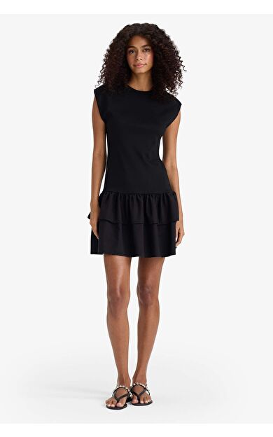 Bisiklet Yaka Kısa Kollu Mini Elbise