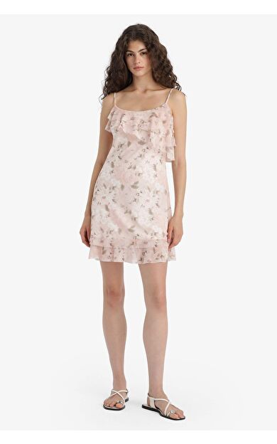 Fırfırlı Yaka Floral Tül Askılı Mini Elbise
