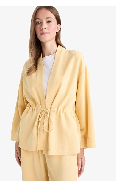 DeFacto Relax Fit V Yaka Keten Karışımlı Uzun Kollu Gömlek F6151AX25AUYL1