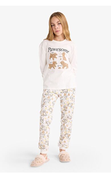 DeFacto Kız Çocuk Pijama Takımı Baskılı Uzun Kollu Üst Uzun Alt