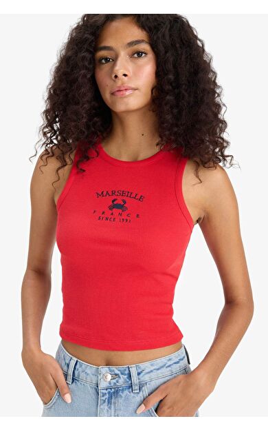 DeFacto Slim Fit Dar Kesim Baskılı Halter Yaka Fitilli Kaşkorse Atlet F6238AX25HSRD51