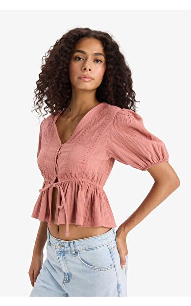 Fitted V Yaka Bağlamalı Müslin Kısa Kollu Bluz