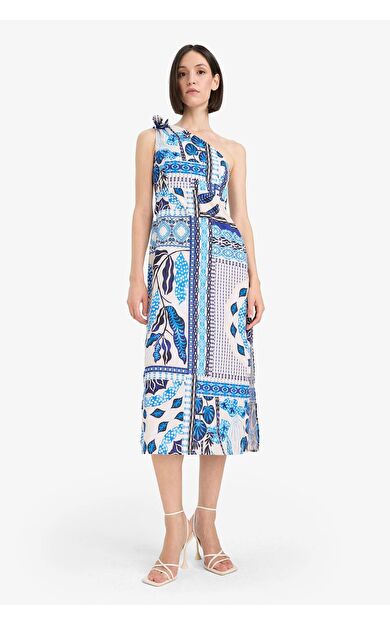 DeFacto Regular Fit Tropikal Desenli Tek Omuzlu Poplin Plaj Elbisesi-Fall in Love