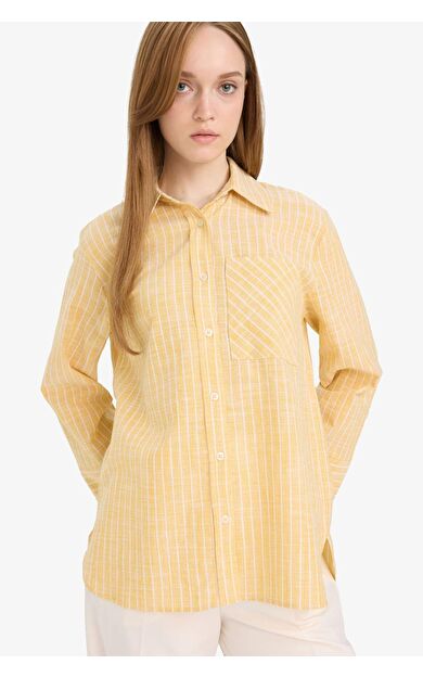 DeFacto Relax Fit Çizgili Flamlı Pamuk Uzun Kollu Gömlek Tunik
