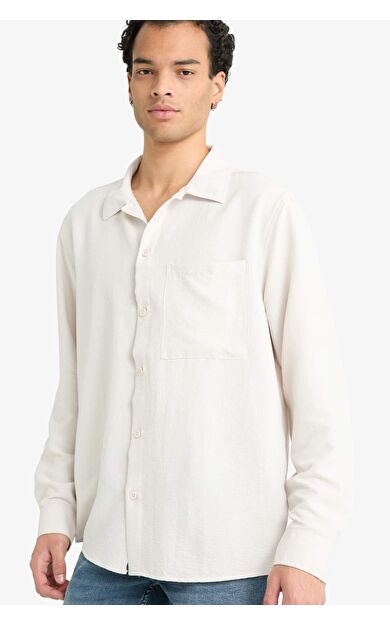 Relax Fit Apaş Yaka Dokuma Uzun Kollu Gömlek