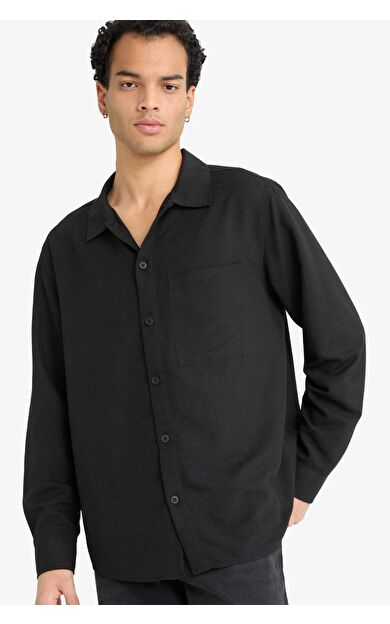 Relax Fit Apaş Yaka Dokuma Uzun Kollu Gömlek