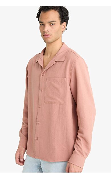 Relax Fit Apaş Yaka Dokuma Uzun Kollu Gömlek