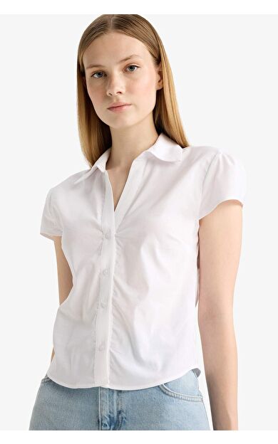 DeFacto Coool Fitted Poplin Kısa Kollu Beyaz Gömlek